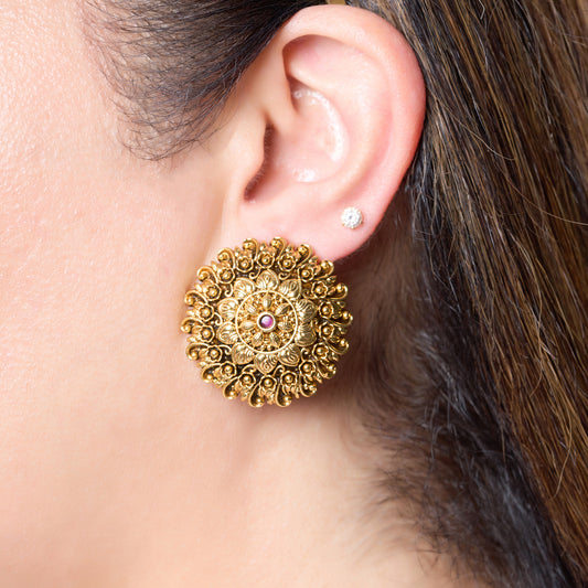 Close up Model Image of a Gold plated Mandala Stud earrings