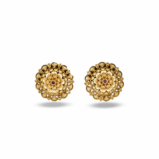 Pair of mandala design gold plated earrings on a white background by studio6 jewels