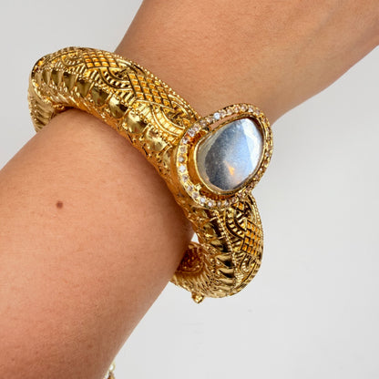 Gold Bangle With Pearl Tassel And Magnet Opening