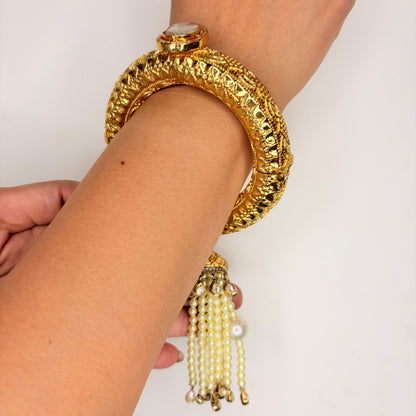 Gold Bangle With Pearl Tassel And Magnet Opening