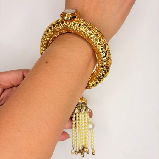 Gold Bangle With Pearl Tassel And Magnet Opening