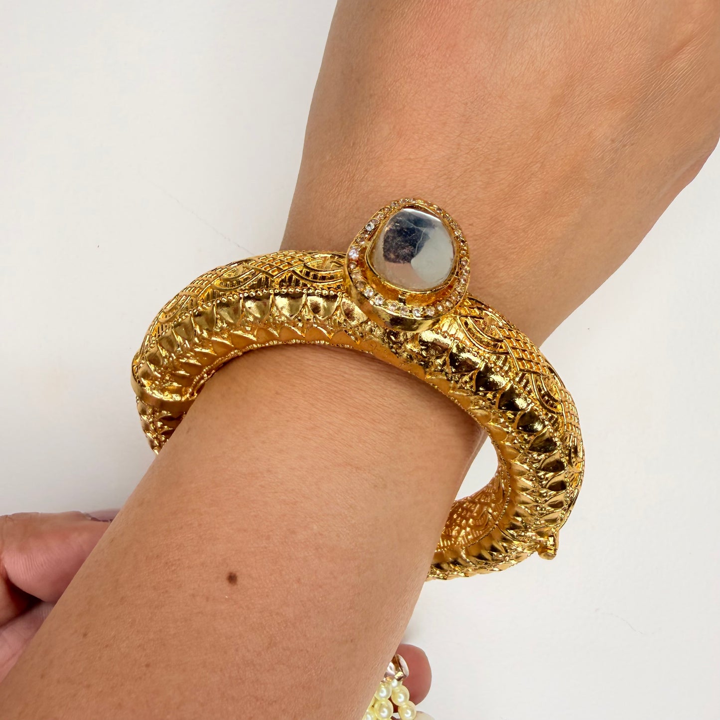 Gold Bangle With Pearl Tassel And Magnet Opening