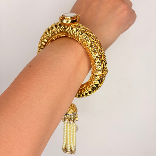 Gold Bangle With Pearl Tassel And Magnet Opening