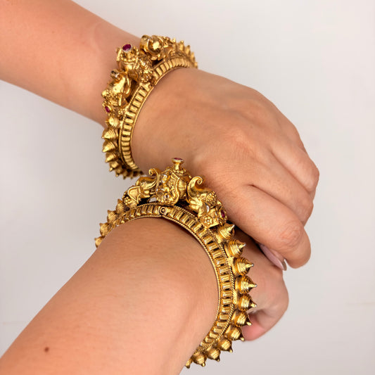 Gold Finish Temple Motif Bangle Set