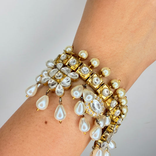 Gold Finish Tasseled Pearl with Kundan Bracelet