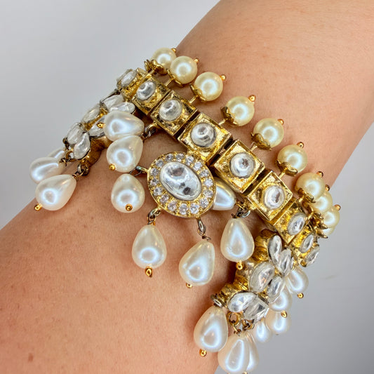 Gold Finish Tasseled Pearl with Kundan Bracelet