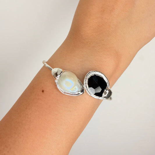 Silver White Black Onyx and Pearl Studded Cuff Bangle