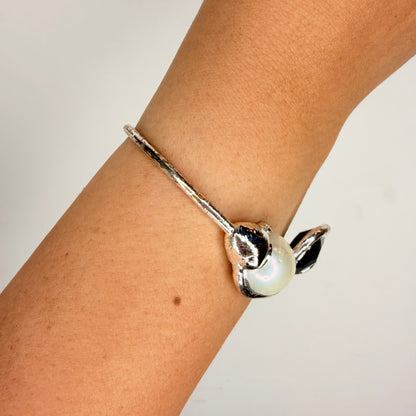 Silver White Black Onyx and Pearl Studded Cuff Bangle