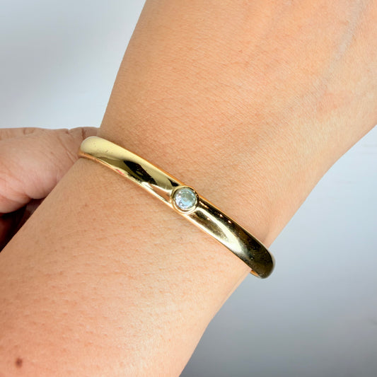 Gold Finish Single Stone Open Cuff Bracelet