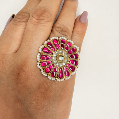 Gold Finish Kundan Red Stone Ring