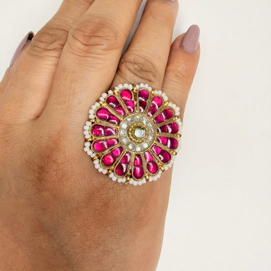 Gold Finish Kundan Red Stone Ring