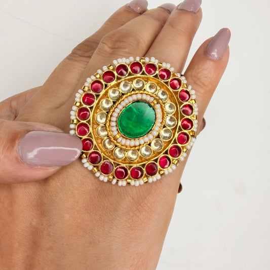Gold Finish Kundan Ring with Red and Green Stones