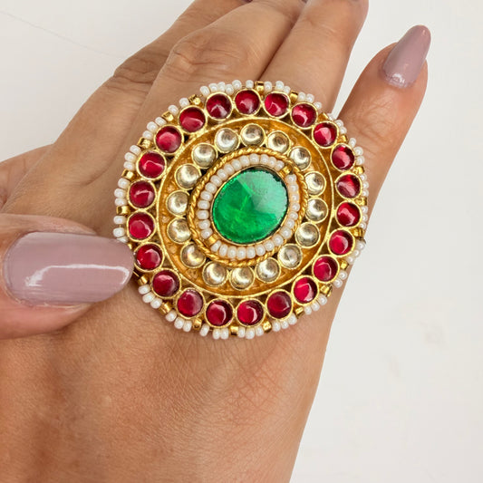 Gold Finish Kundan Ring with Red and Green Stones