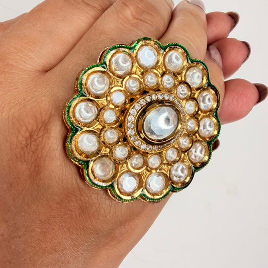 Kundan Green Enamel Ring