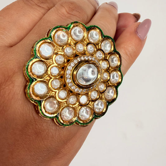 Kundan Green Enamel Ring