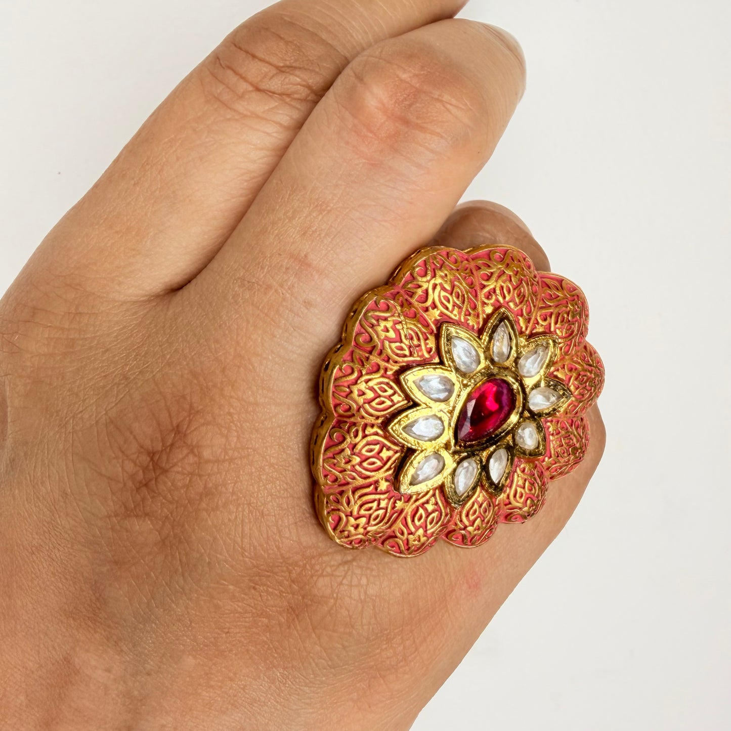 Kundan-Inspired Peach Meenakaari Ring