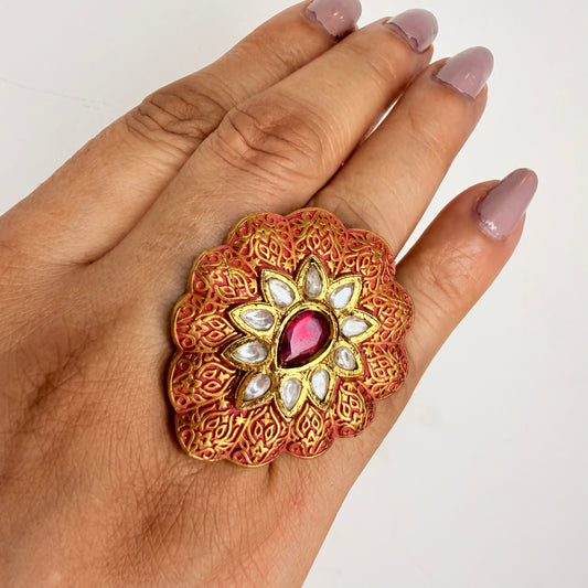 Kundan-Inspired Peach Meenakaari Ring