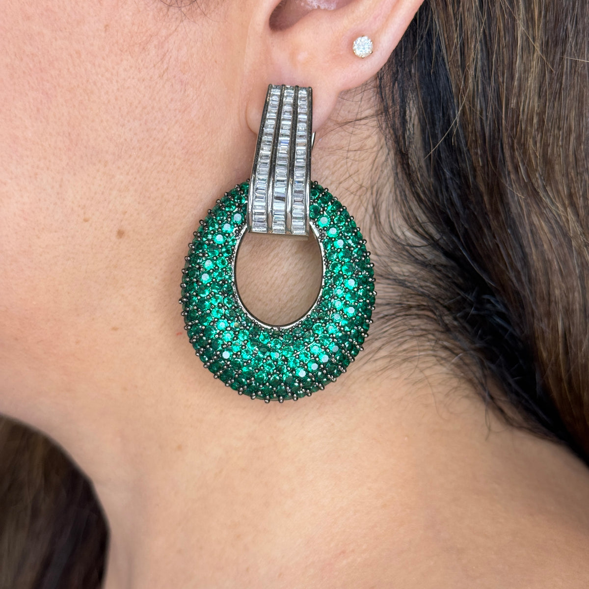 Baguette Zircon and Green Stone Hoop Earrings