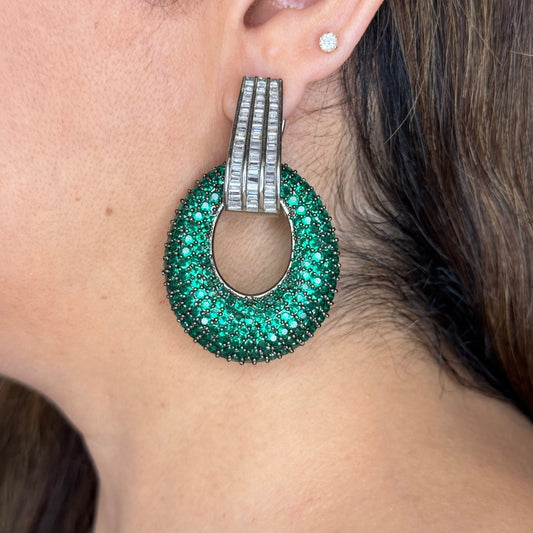 Baguette Zircon and Green Stone Hoop Earrings