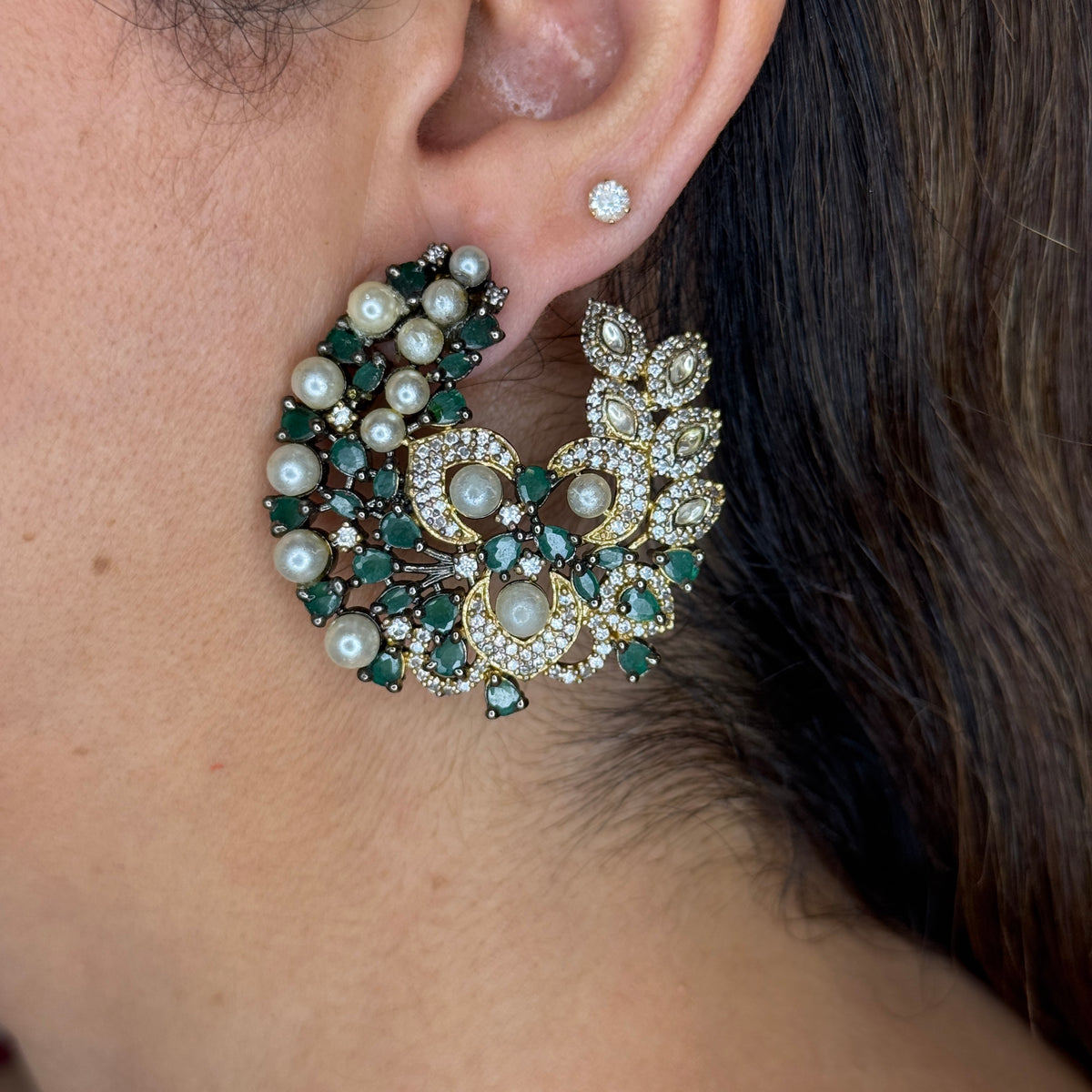 Black Finish Studs with Zircon, Pearl and Green Bead Accents