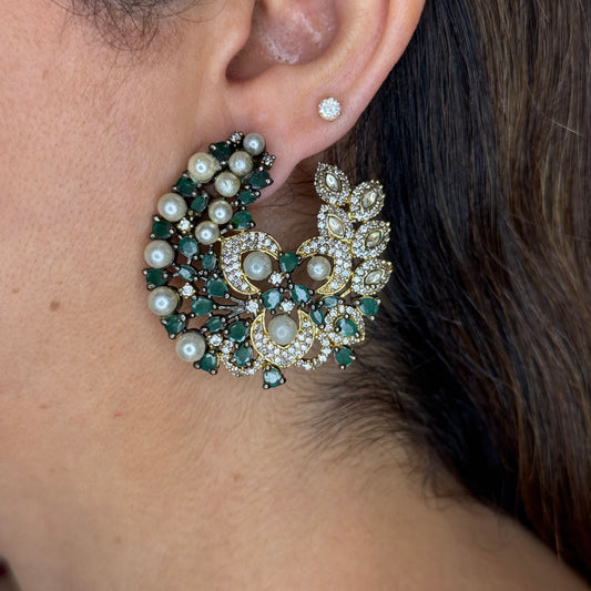 Black Finish Studs with Zircon, Pearl and Green Bead Accents