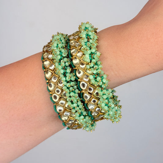 Kundan Bangle Set with Mint Green Beads