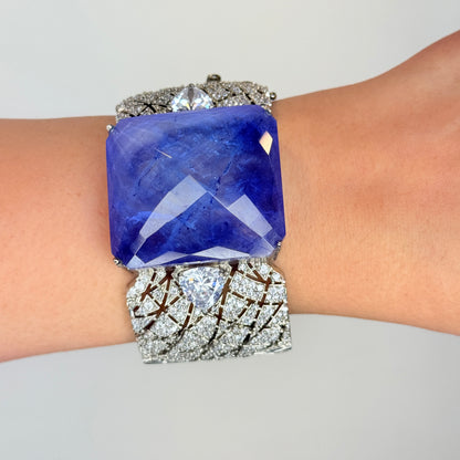 Zircon Broad Bracelet with Blue Chunky Center Stone