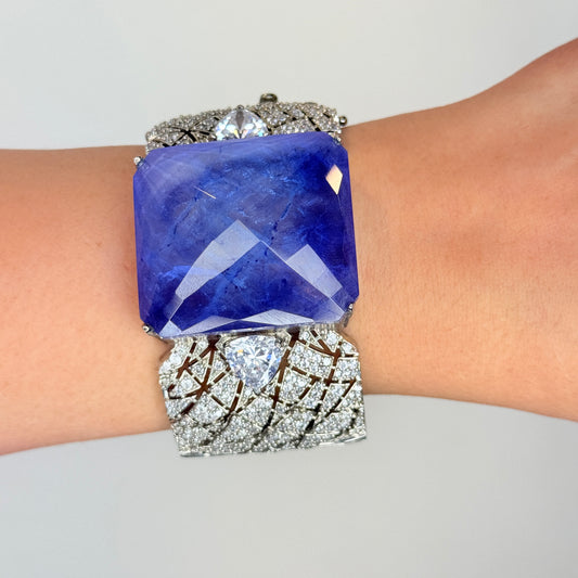 Zircon Broad Bracelet with Blue Chunky Center Stone