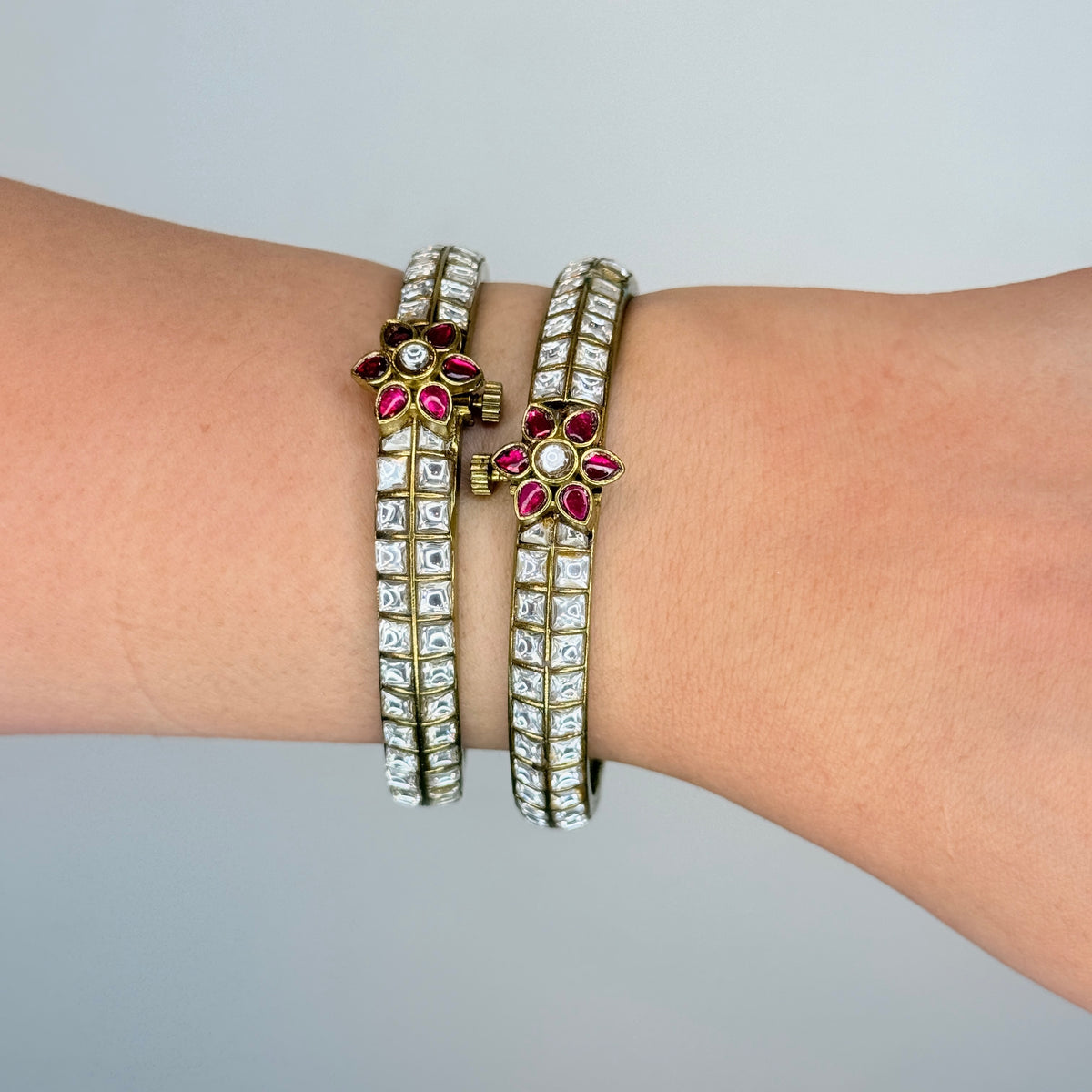 White & Rani Pink Floral Bangles