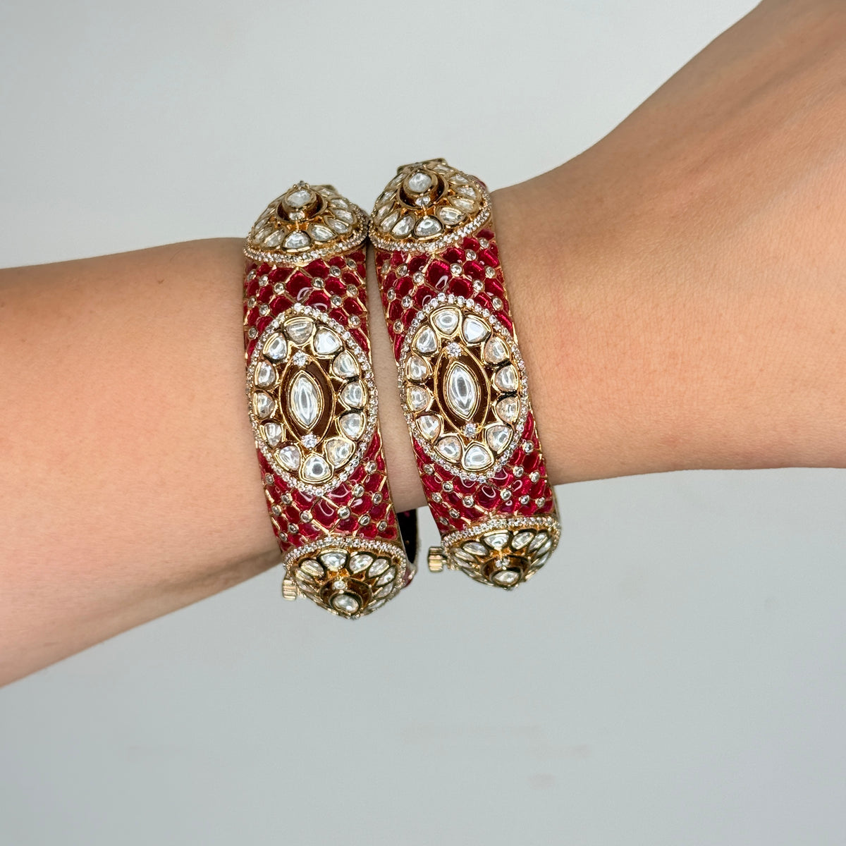 Gold Finish Enamelled Kundan Bangle Set of Two