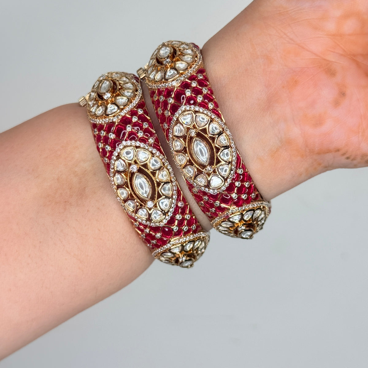 Gold Finish Enamelled Kundan Bangle Set of Two