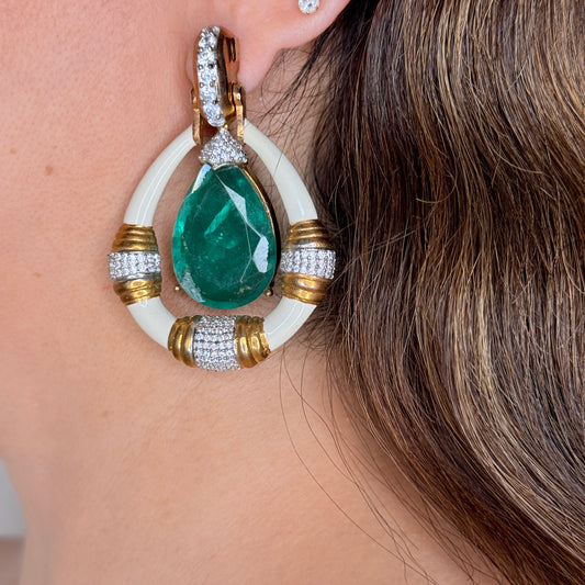 Gold Finish Enamel Earrings with Green Doublet Center Stone