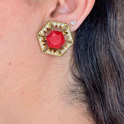 Crimson Geometric Stud Earrings
