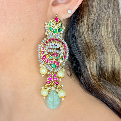 Minimal Earring Studded with Kundan, Pearls and Aqua Dangling Bead