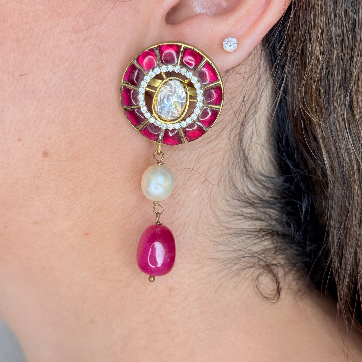 Pink Stone Studded Kundan Earrings