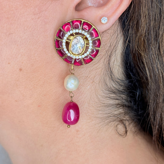 Pink Stone Studded Kundan Earrings