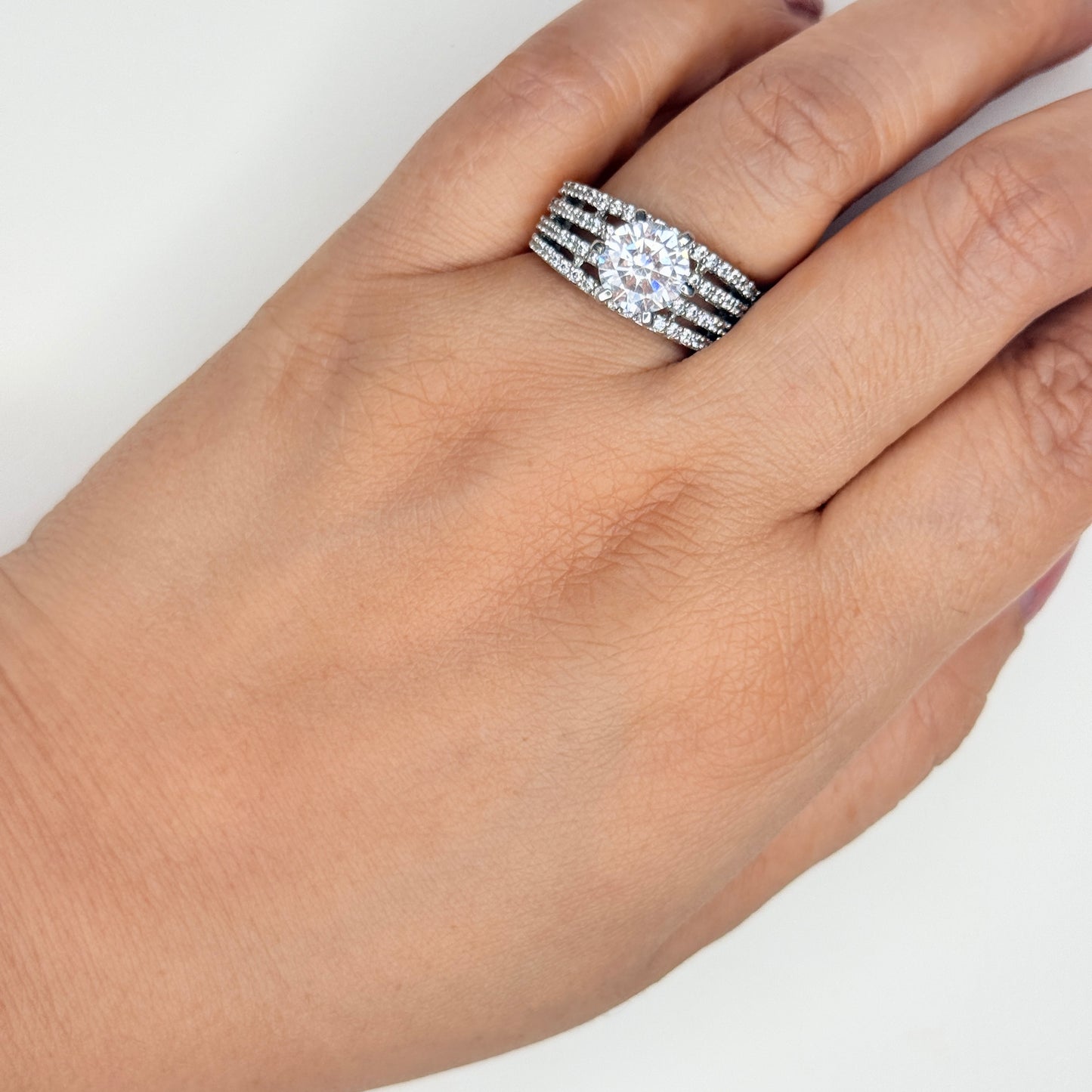 Zircon Solitaire Triple Band Ring