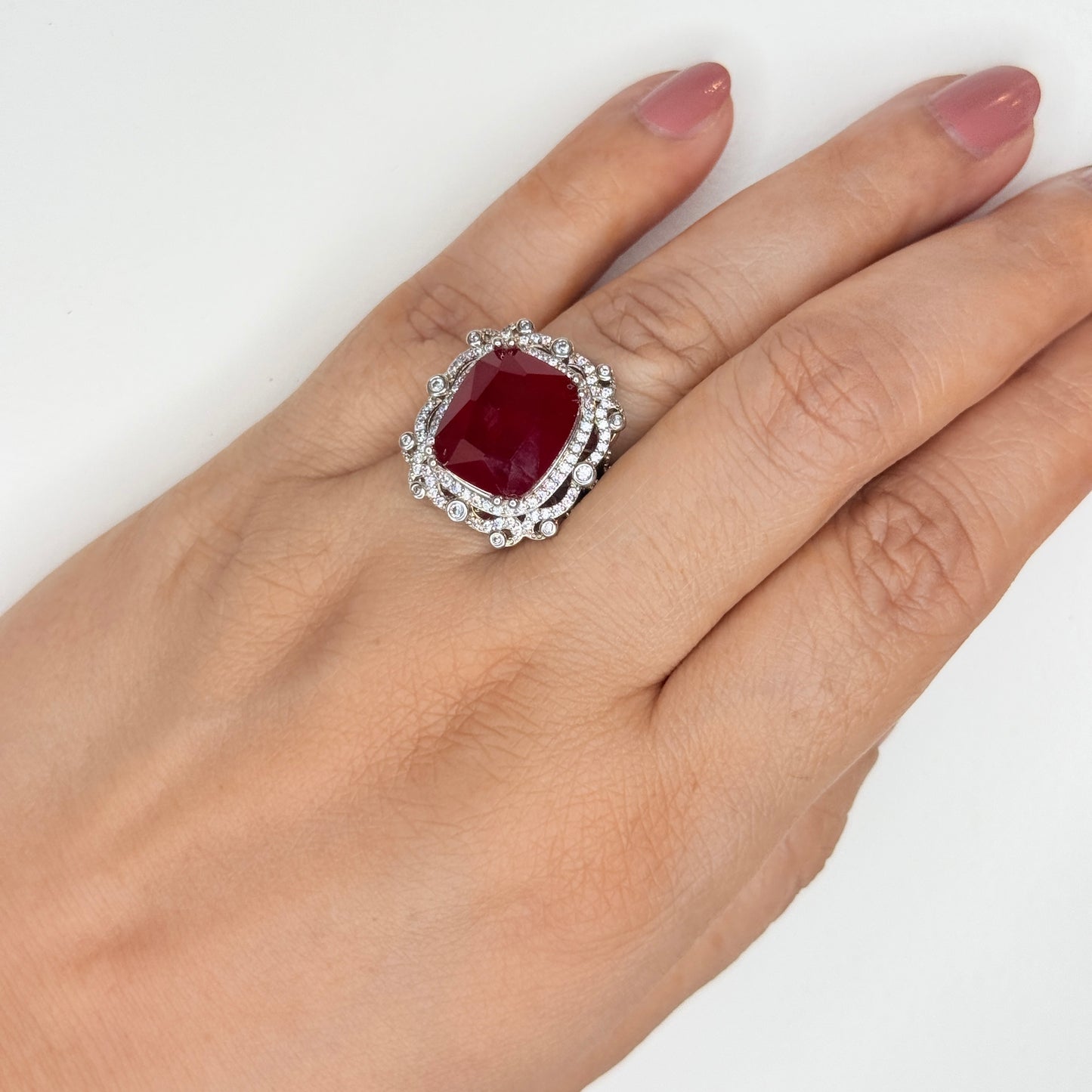 Red Center Stone and Zircon Ring