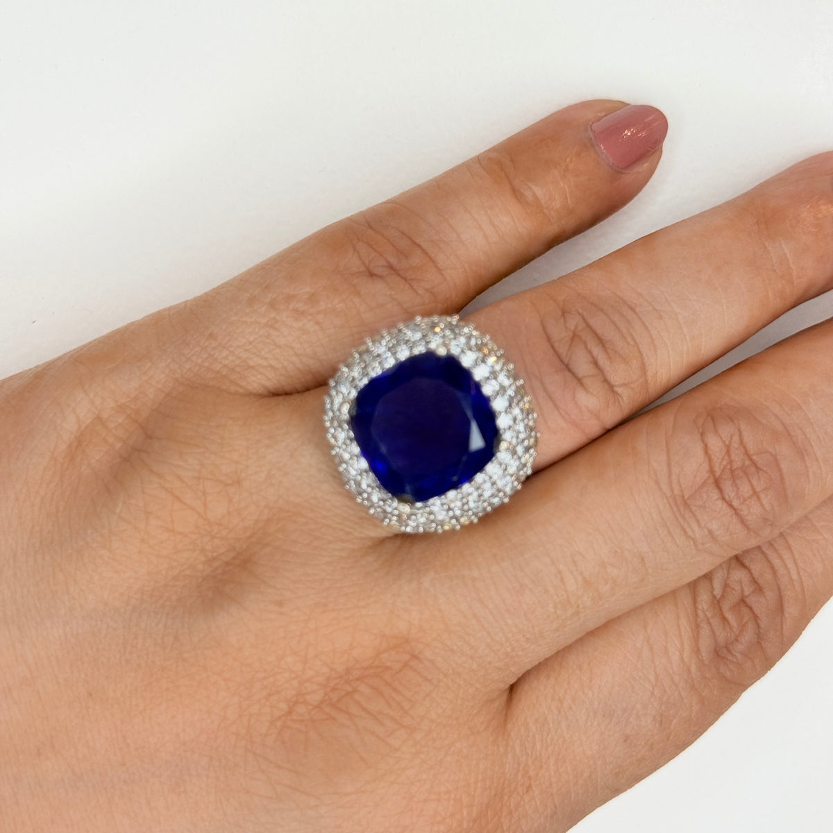 White Finish Sapphire Double and Zircon Ring