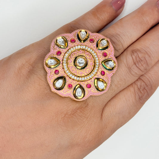 Peach Kundan Meenakaari Ring