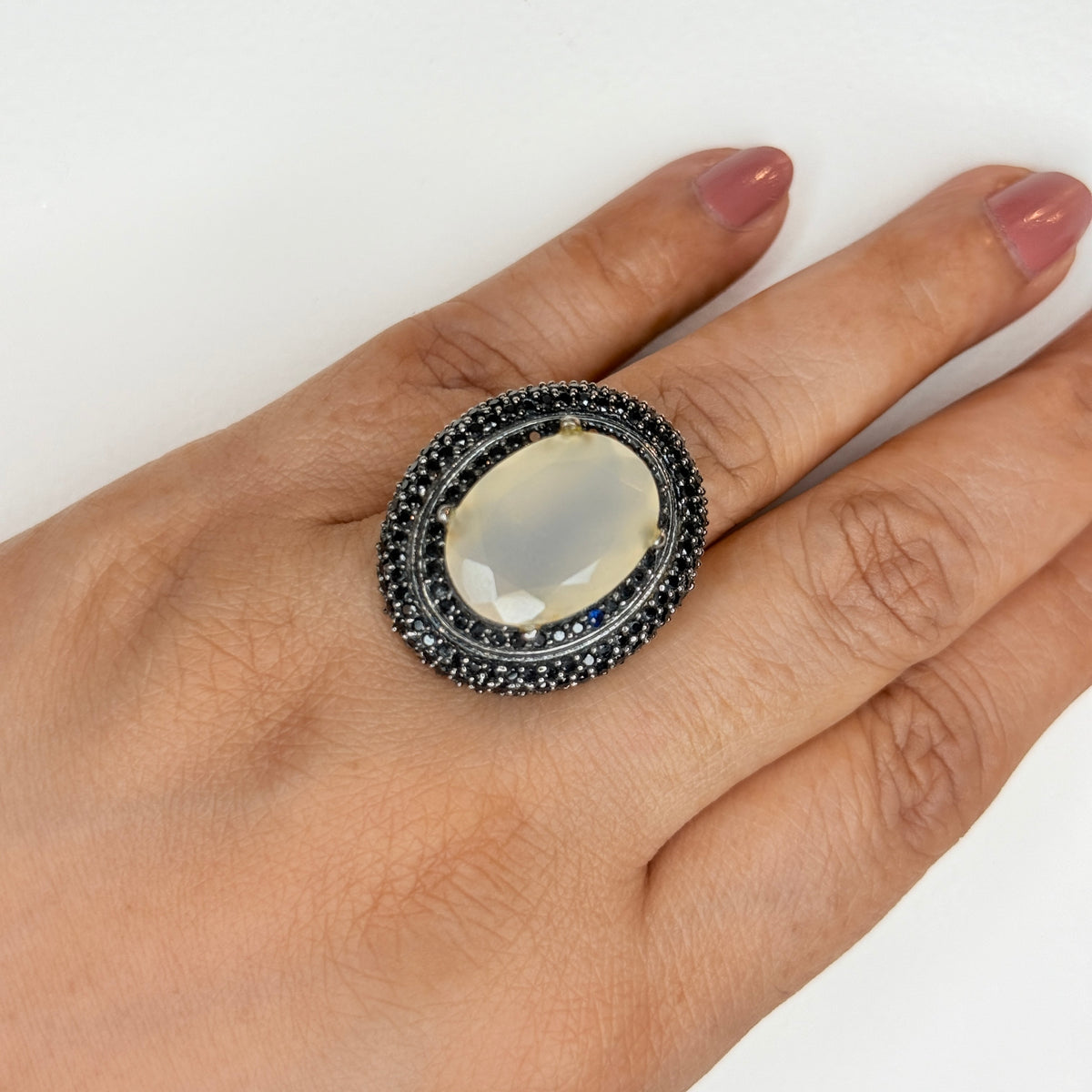 Zircon Double Halo Ring with Oval Center Stone