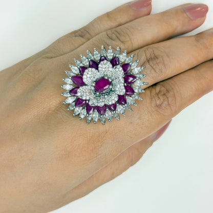 Zircon Floral Motif Ring with Pink Stones