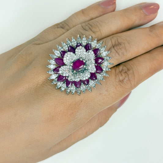 Zircon Floral Motif Ring with Pink Stones