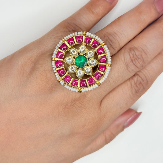 Gold Finish Pink Stone Kundan Ring