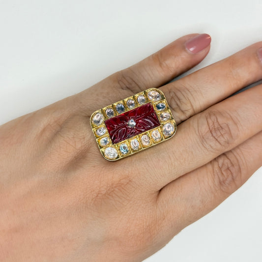 Kundan Ring with Red Carved Stone