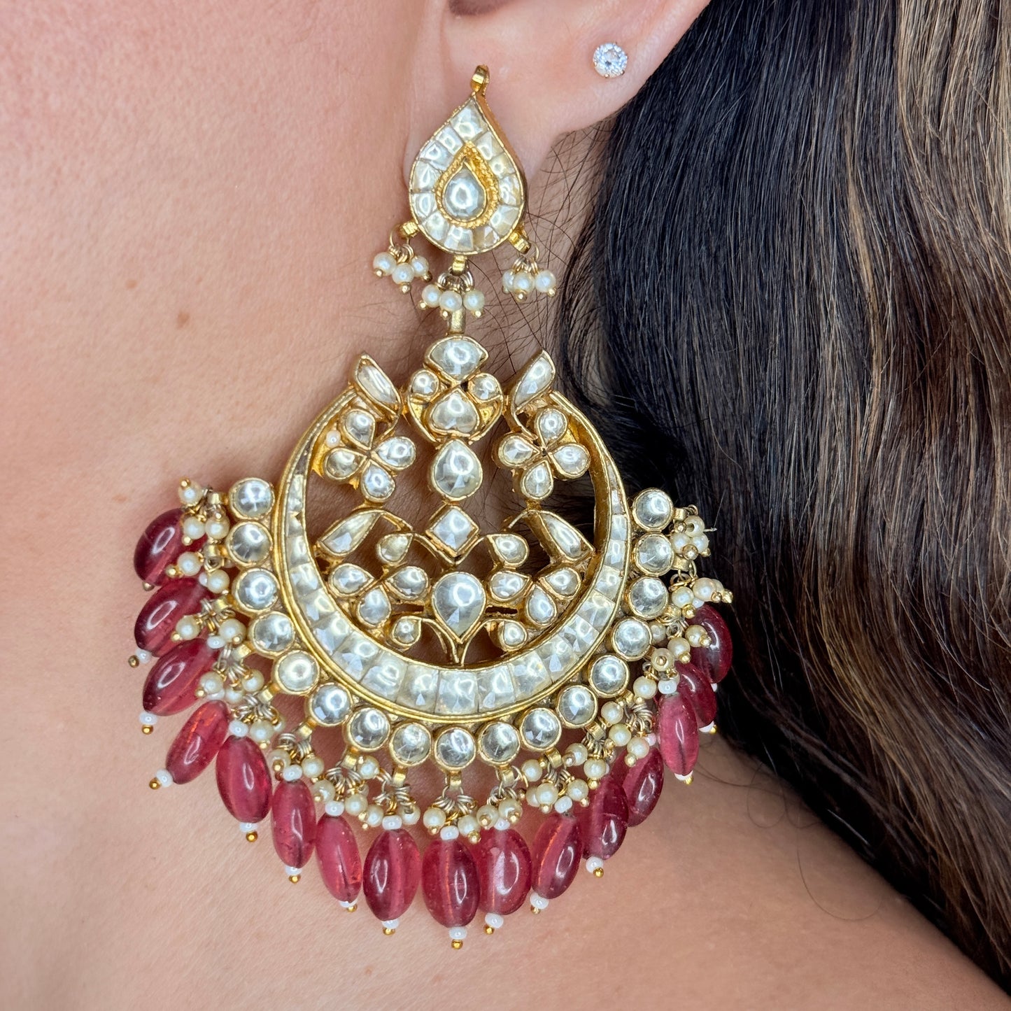 Long Kundan Chaandbaalis with Red Beads