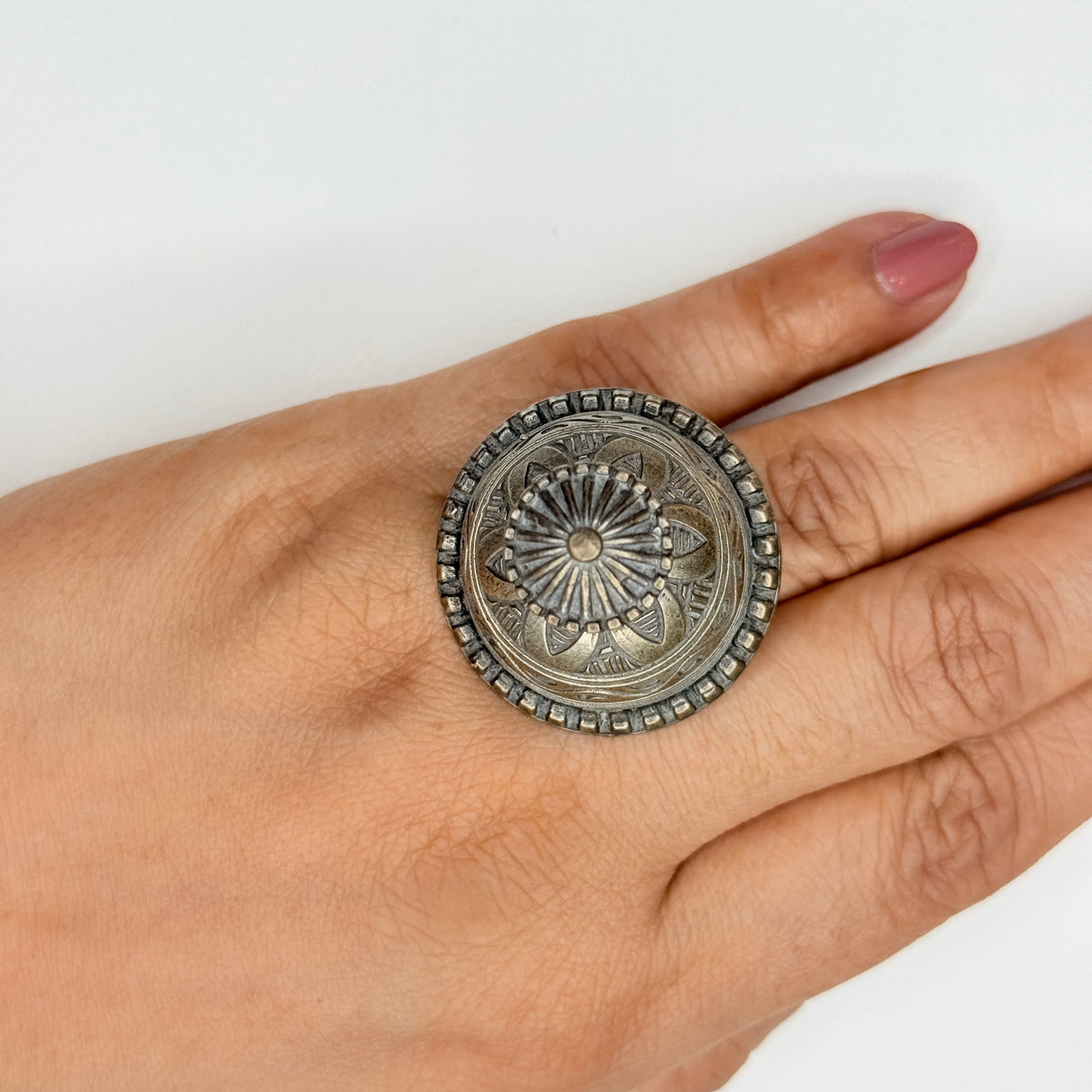 Carved Oxidised Dome Ring