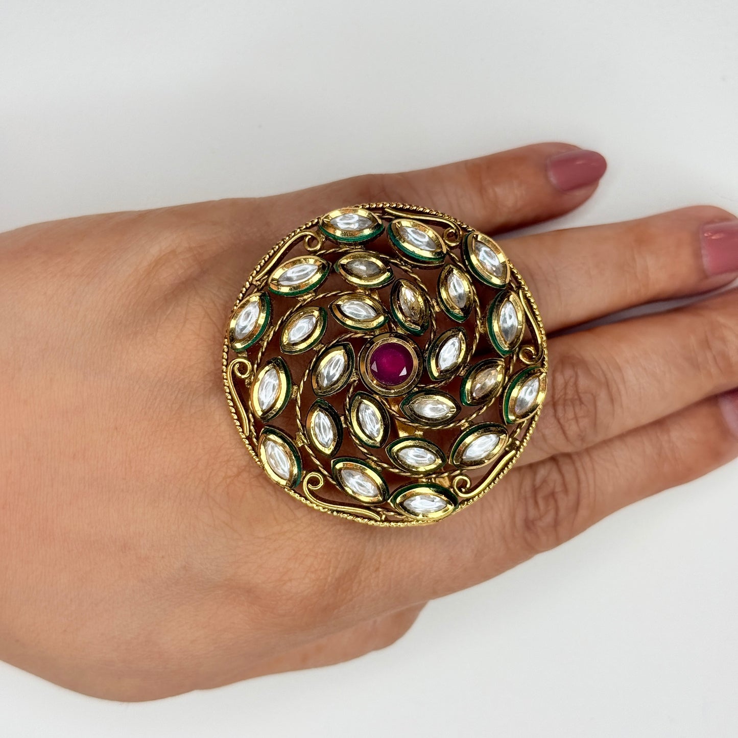 Gold Plated Ring With Kundan and Red Center Stone