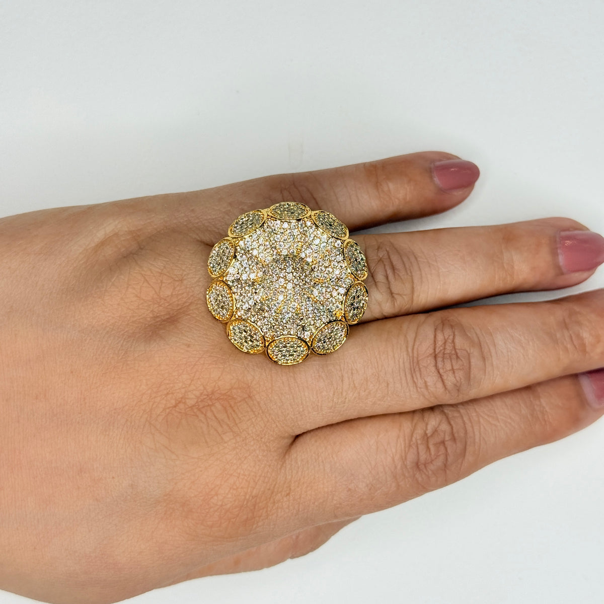 Gold Finish Studded Floral Cocktail Ring