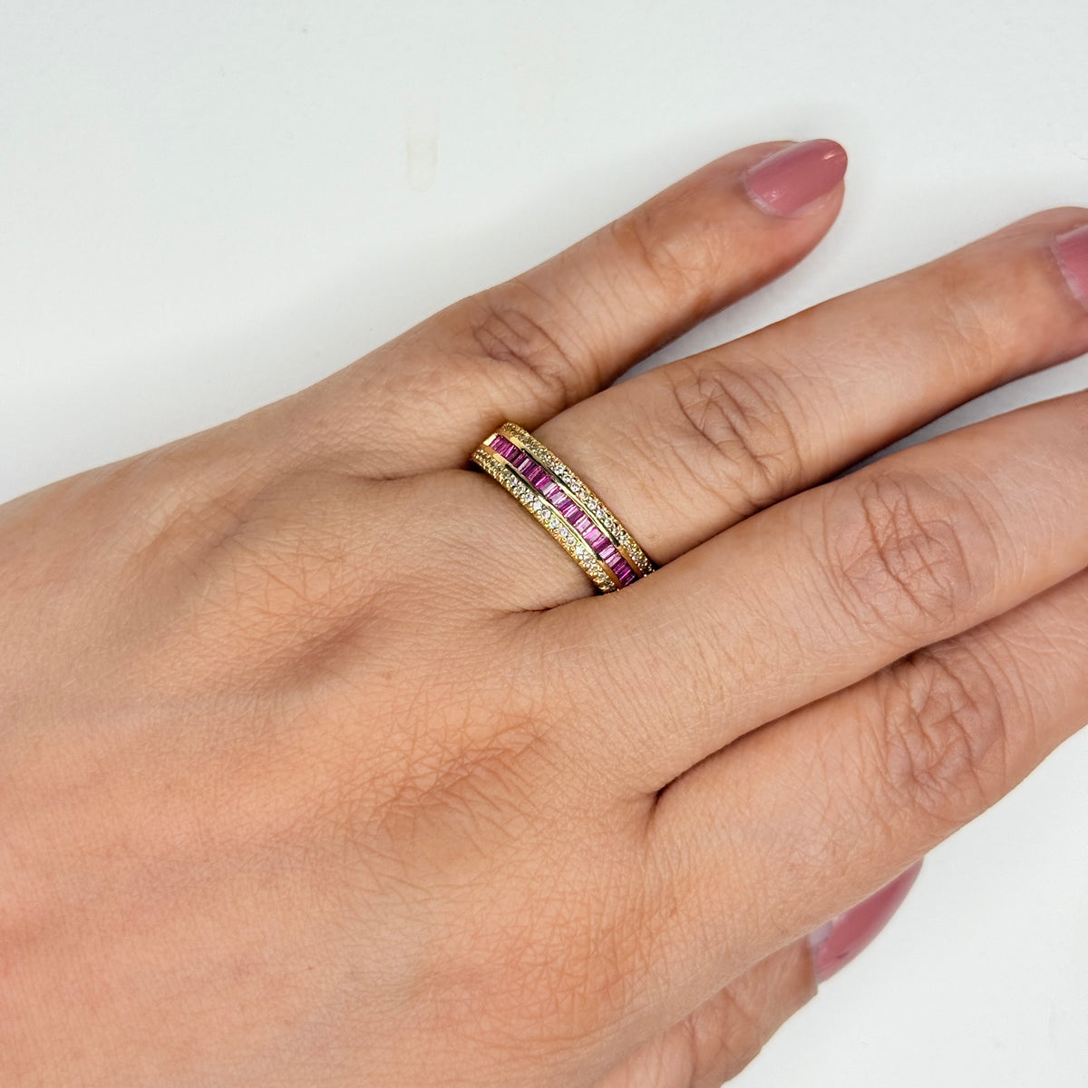 Gold Finish Zircon Studded Ring with Baguette Stones